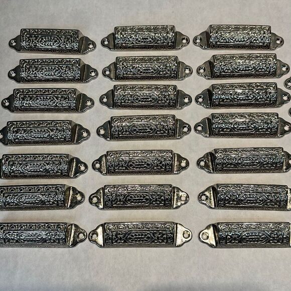 Cast Victorian Drawer Pulls Bin Handles 1/4 Round Silver 4” Set of 21 - Picture 1 of 5